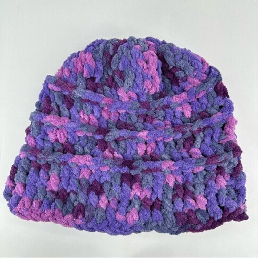 Handmade Purple Variegated Chunky Knit Slouchy Beanie Chenille Winter Hat NEW - Picture 8 of 11